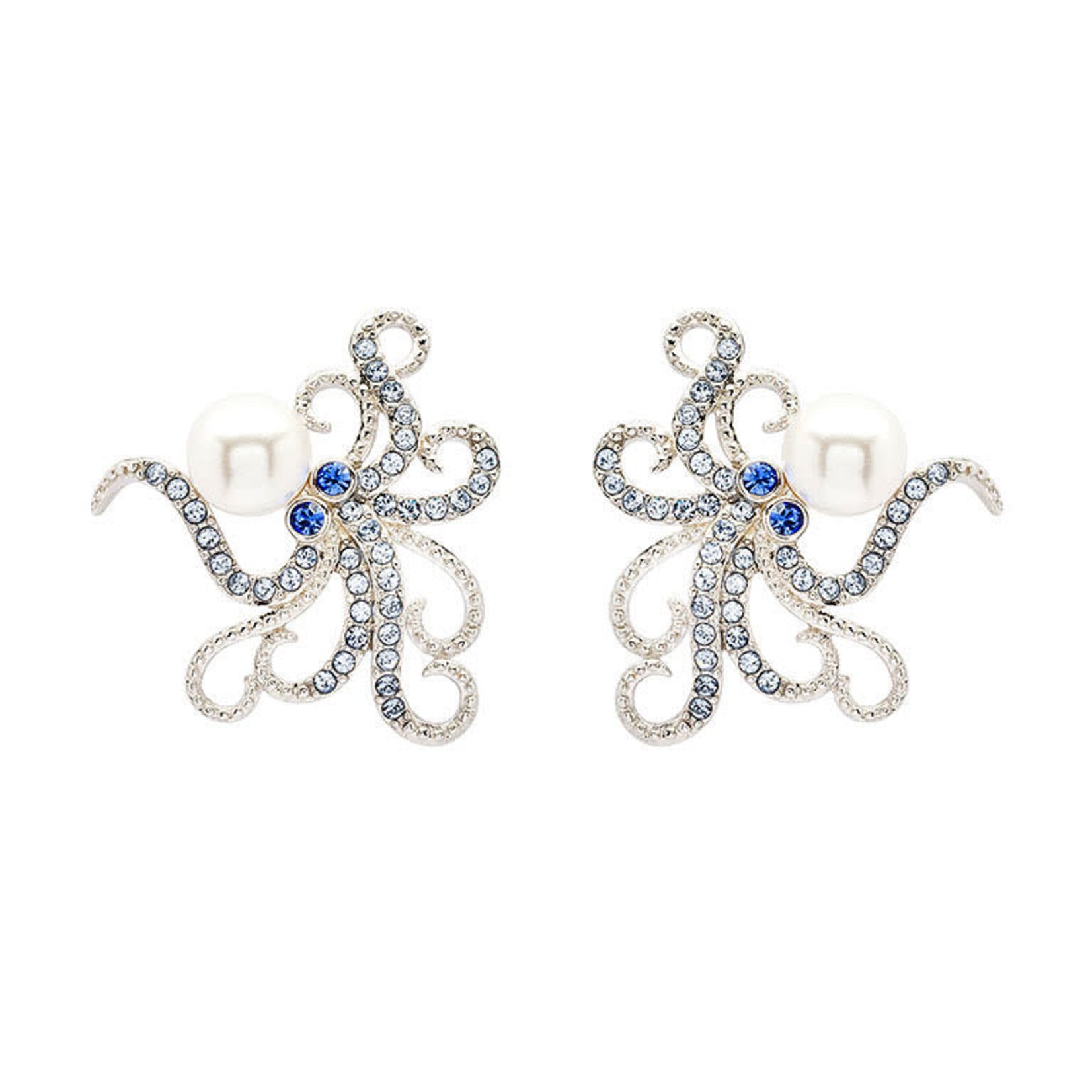 EARRINGS OCEAN STERLING & CRYSTAL OCTOPUS w PEARL EARRINGS