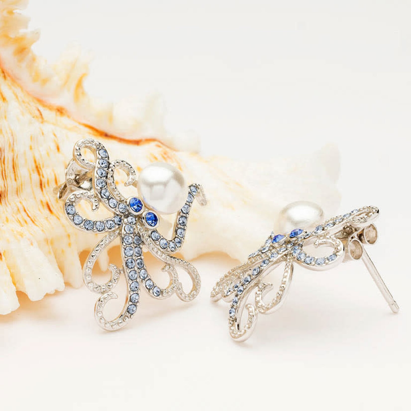 EARRINGS OCEAN STERLING & CRYSTAL OCTOPUS w PEARL EARRINGS