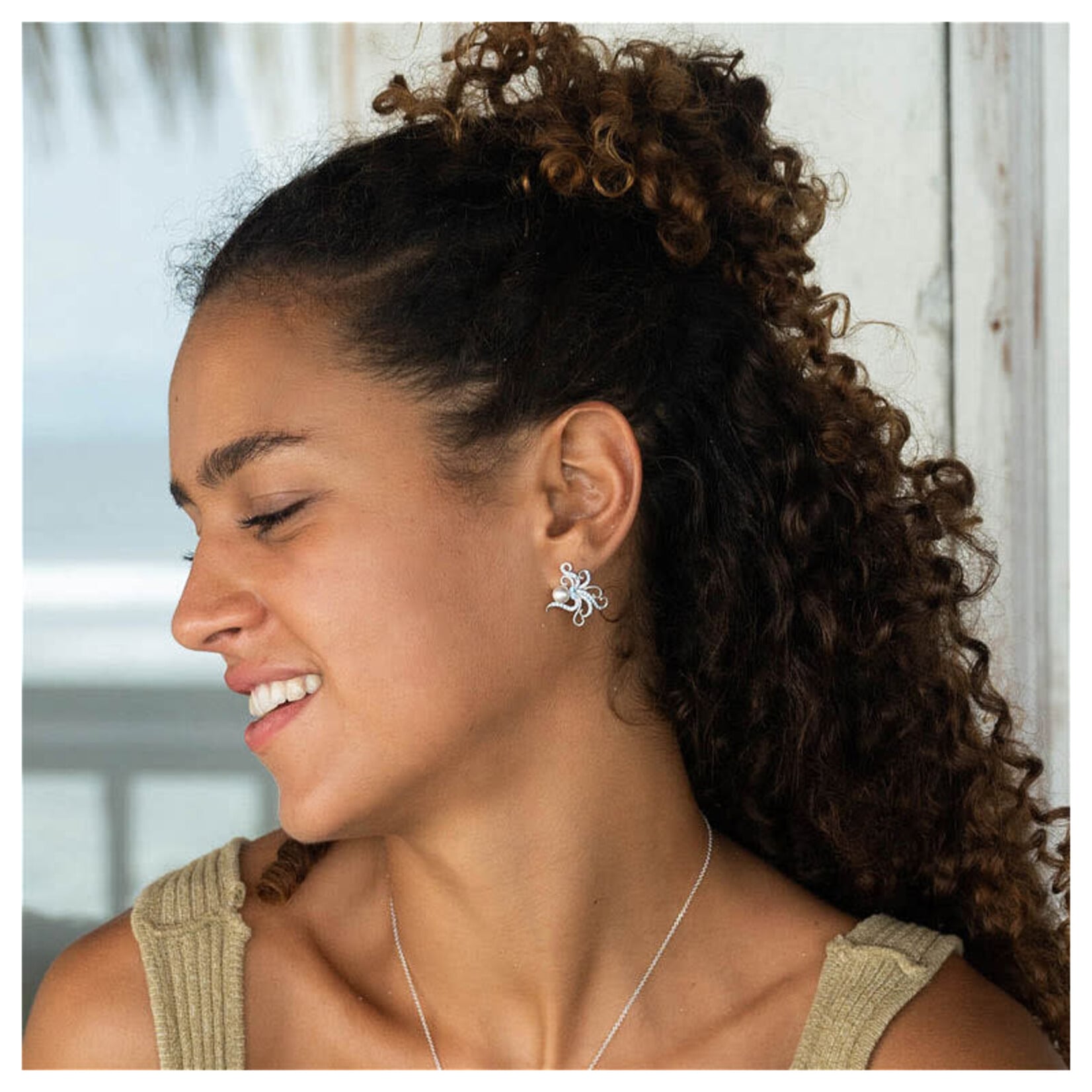 EARRINGS OCEAN STERLING & CRYSTAL OCTOPUS w PEARL EARRINGS