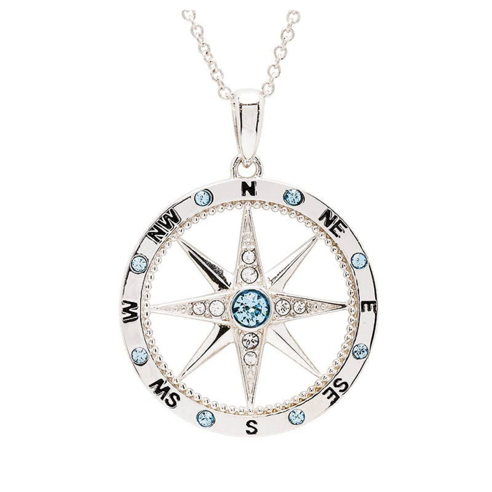PENDANTS & NECKLACES OCEAN STERLING COMPASS PENDANT w AQUA & WHT CRYSTALS