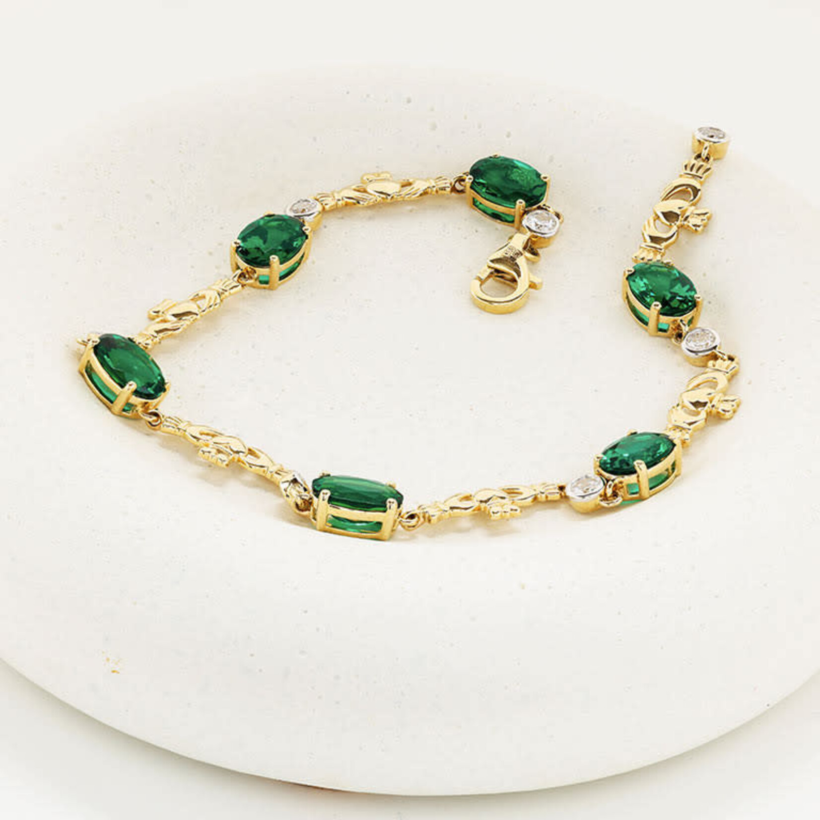 BRACELETS & BANGLES SHANORE 14K CLADDAGH BRACELET w LAB EM & DIAMONDS