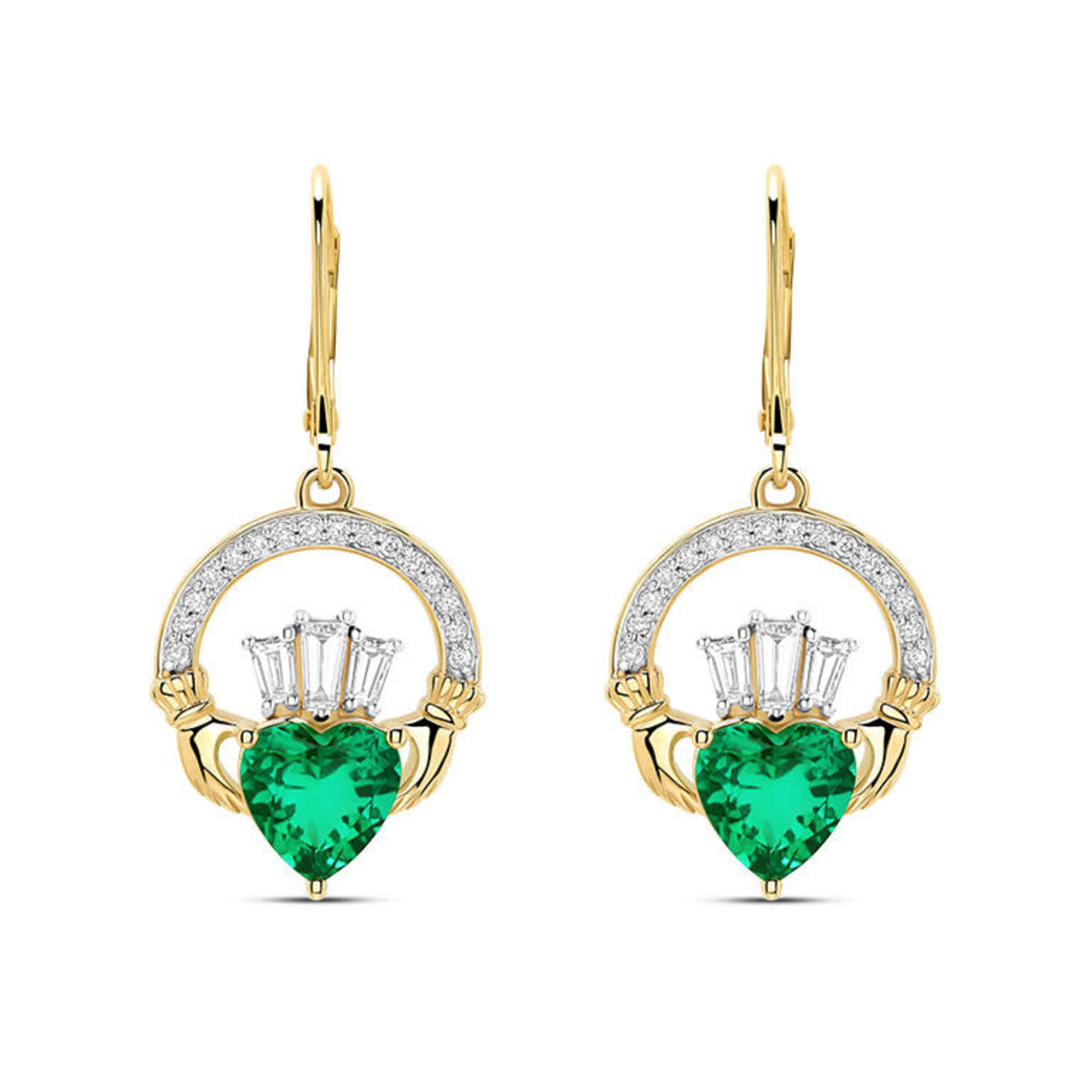 EARRINGS SHANORE 14K CLADDAGH DROP EARRINGS w LAB EM & DIAMONDS