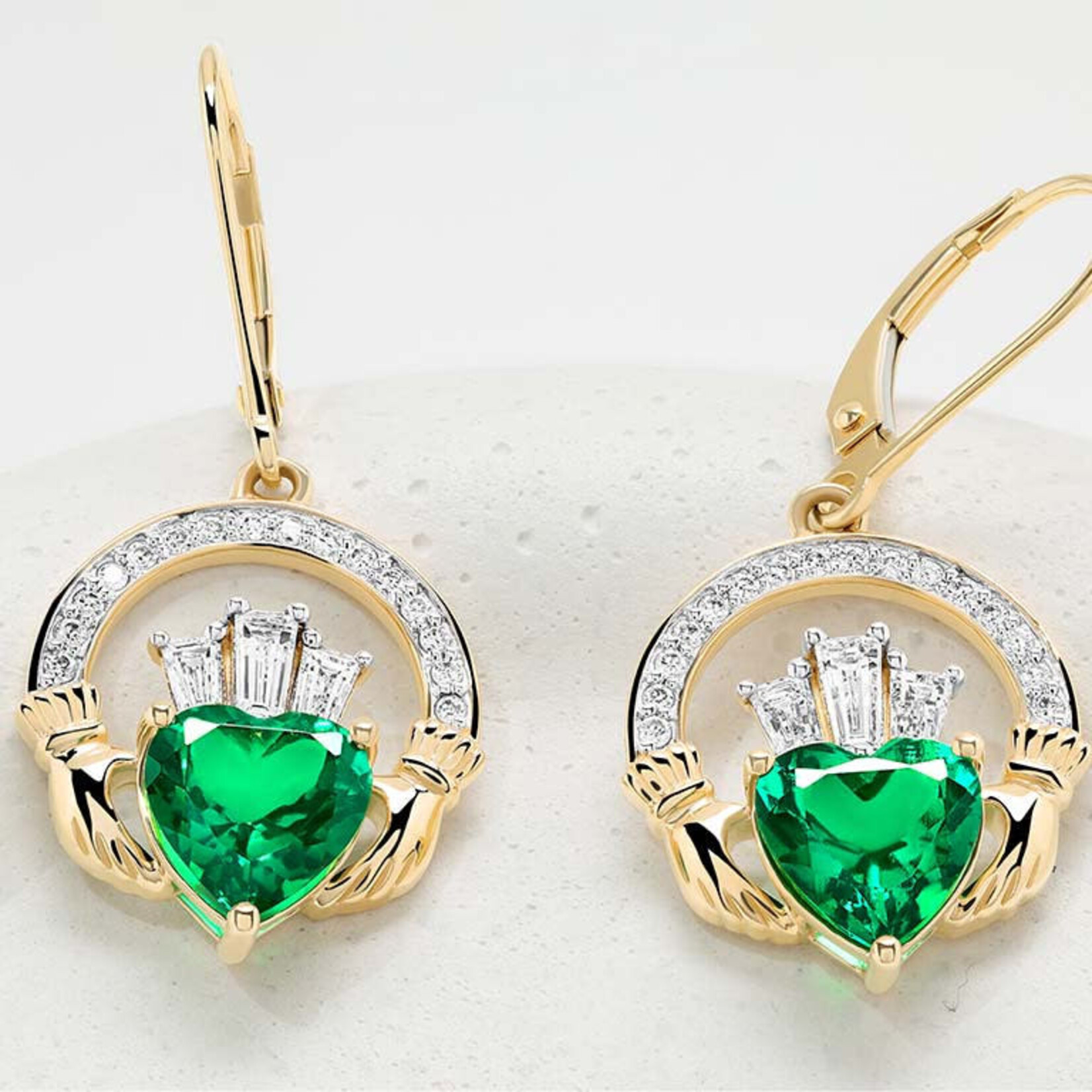EARRINGS SHANORE 14K CLADDAGH DROP EARRINGS w LAB EM & DIAMONDS