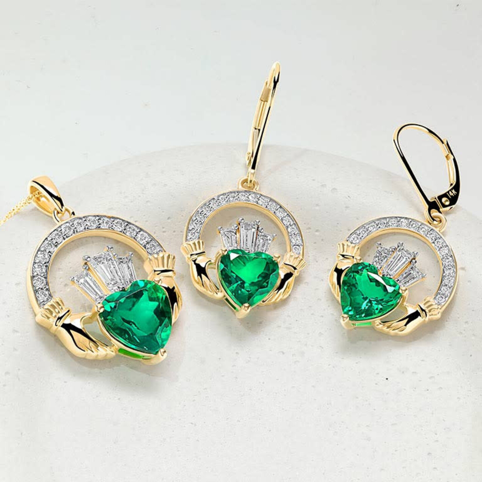 EARRINGS SHANORE 14K CLADDAGH DROP EARRINGS w LAB EM & DIAMONDS