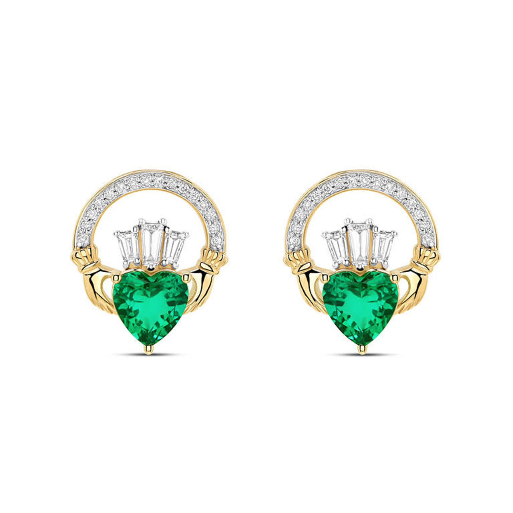 EARRINGS SHANORE 14K CLADDAGH POST EARRINGS w LAB EM & DIAMONDS