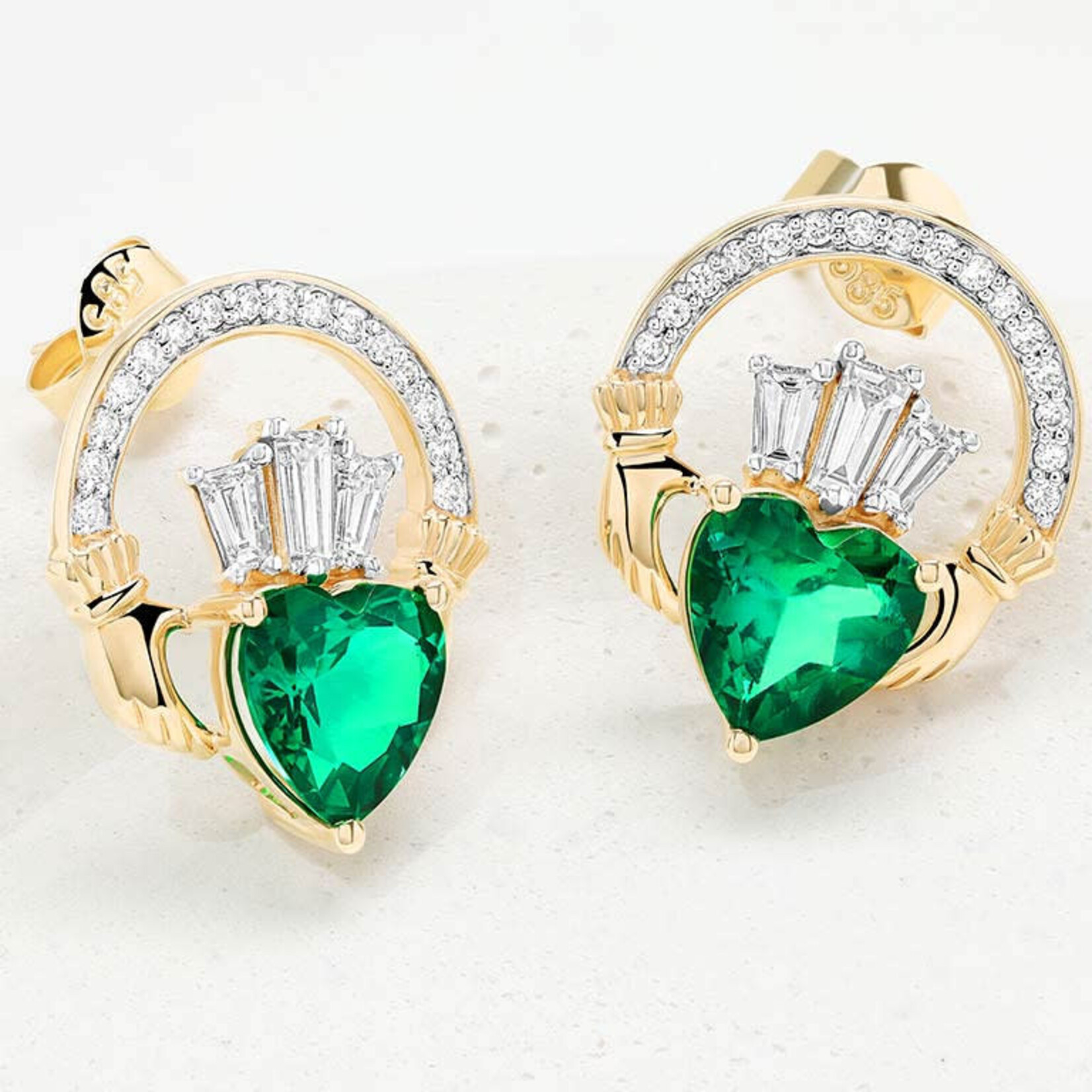 EARRINGS SHANORE 14K CLADDAGH POST EARRINGS w LAB EM & DIAMONDS