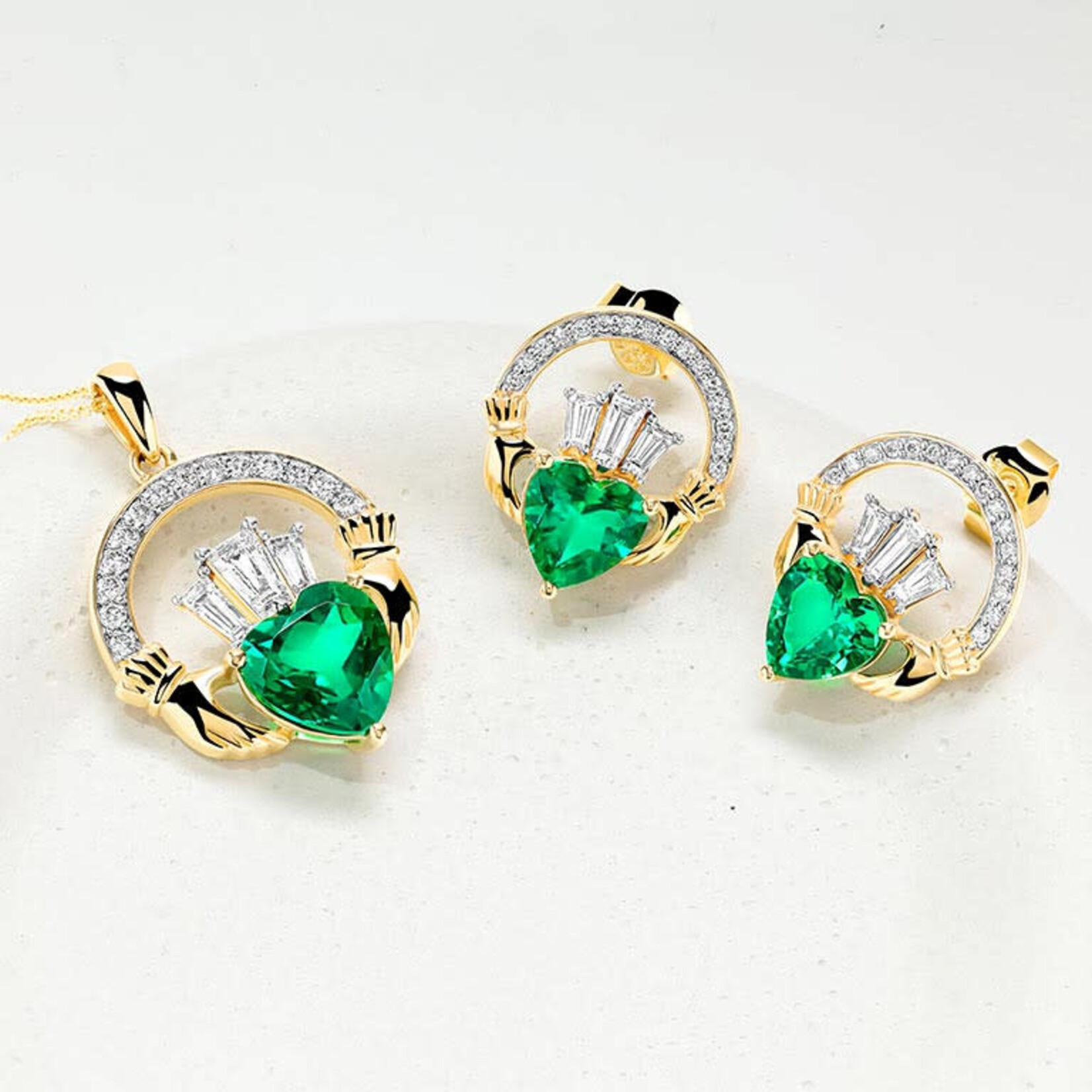 EARRINGS SHANORE 14K CLADDAGH POST EARRINGS w LAB EM & DIAMONDS