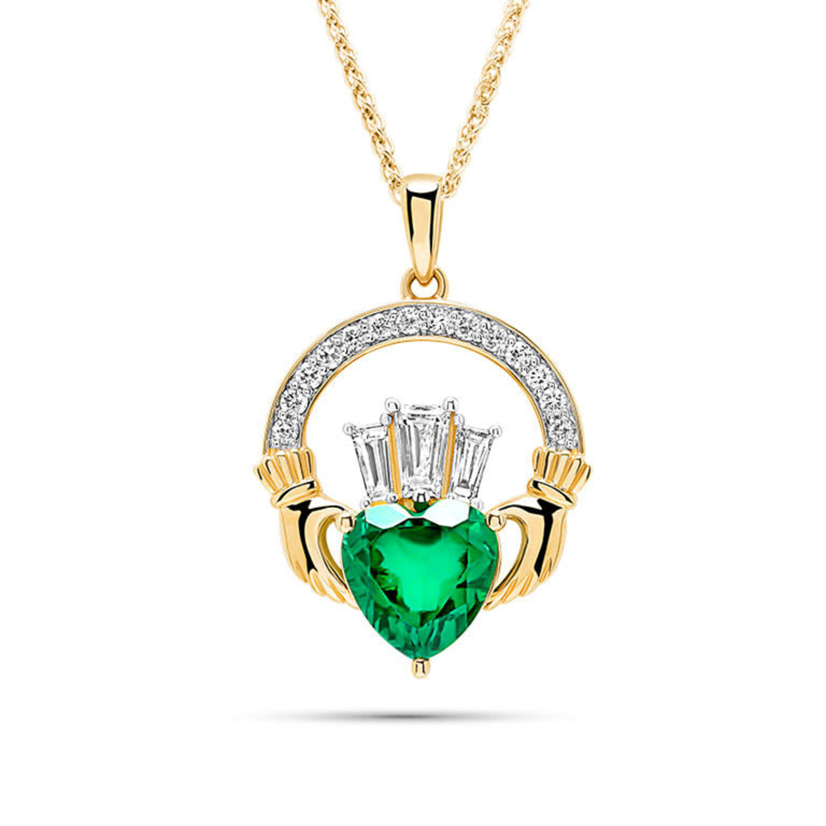PENDANTS & NECKLACES SHANORE 14K LRG CLADDAGH PENDANT w LAB EM & DIAMONDS