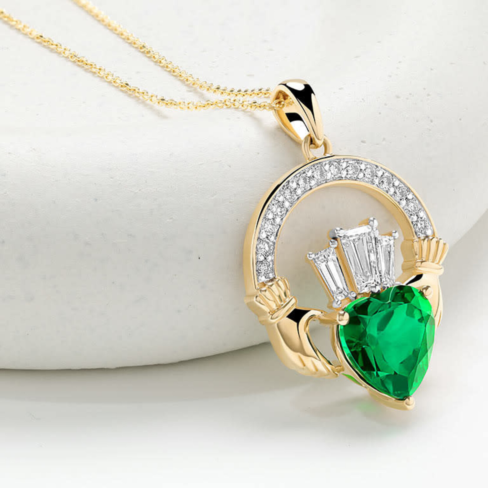 PENDANTS & NECKLACES SHANORE 14K LRG CLADDAGH PENDANT w LAB EM & DIAMONDS