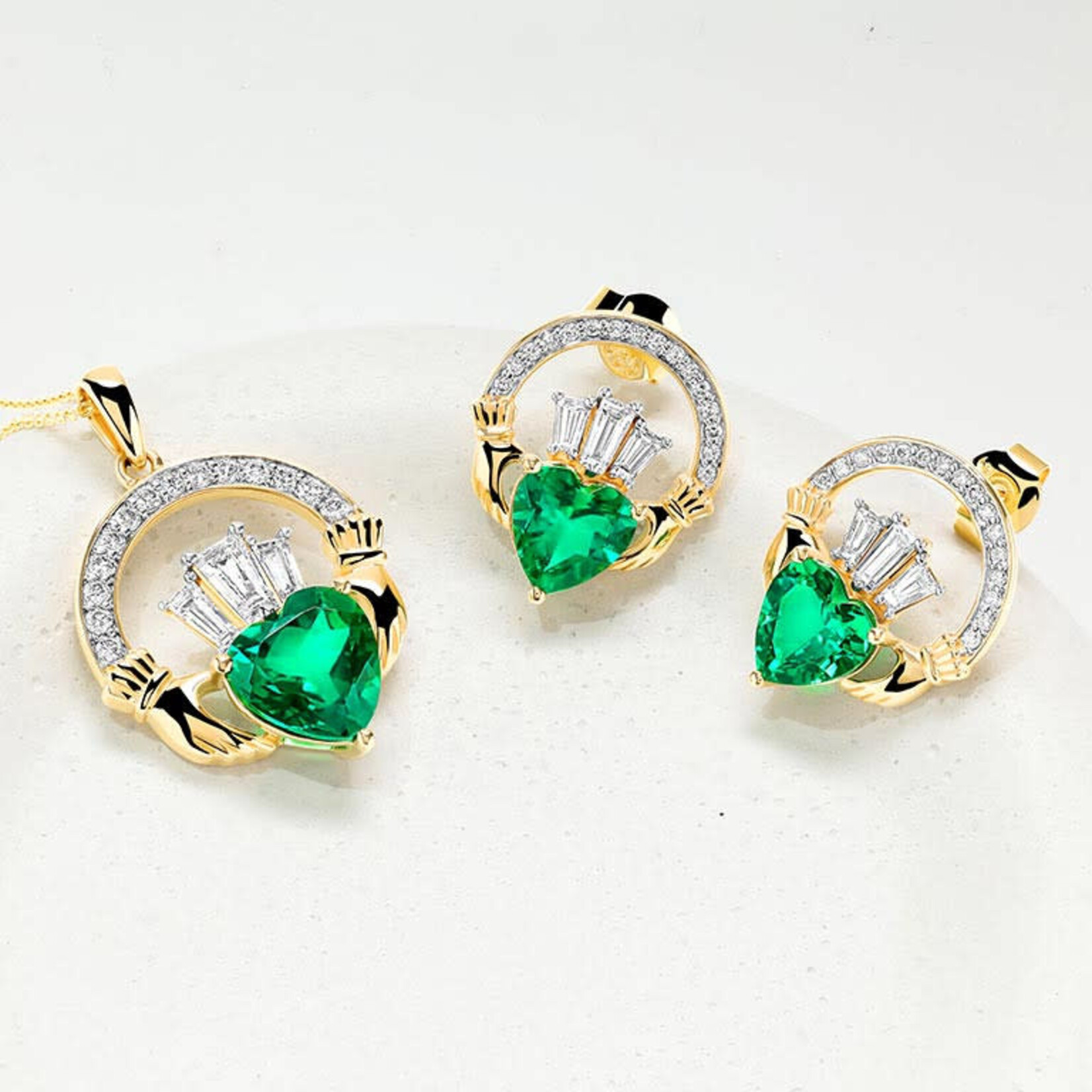 PENDANTS & NECKLACES SHANORE 14K LRG CLADDAGH PENDANT w LAB EM & DIAMONDS