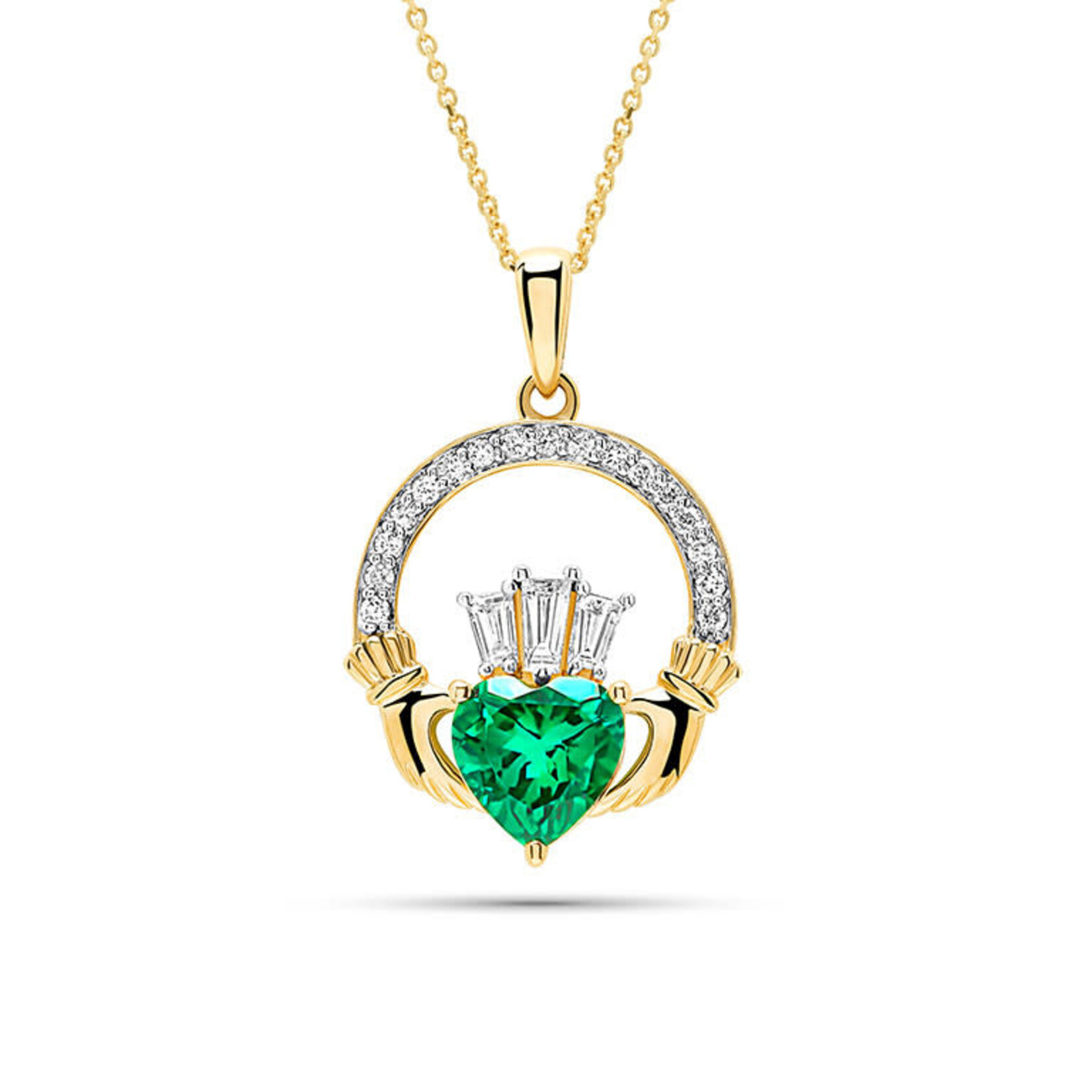 PENDANTS & NECKLACES SHANORE 14K MED CLADDAGH PENDANT w LAB EM & DIAMONDS