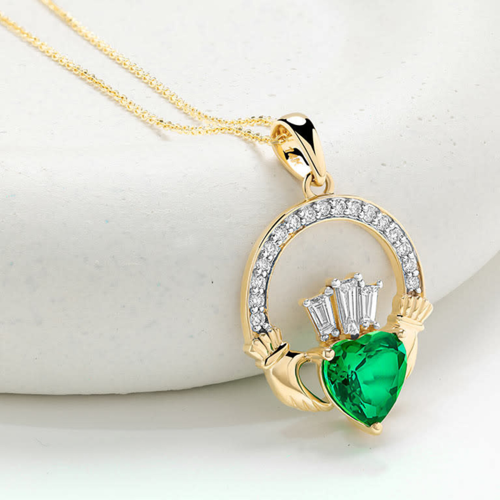PENDANTS & NECKLACES SHANORE 14K MED CLADDAGH PENDANT w LAB EM & DIAMONDS