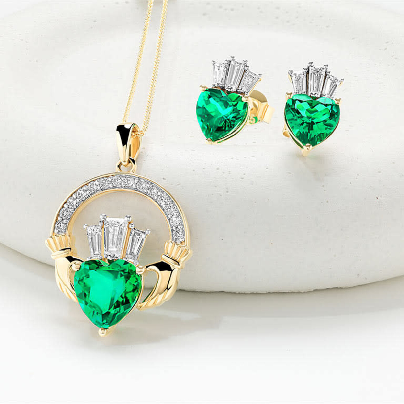 PENDANTS & NECKLACES SHANORE 14K MED CLADDAGH PENDANT w LAB EM & DIAMONDS