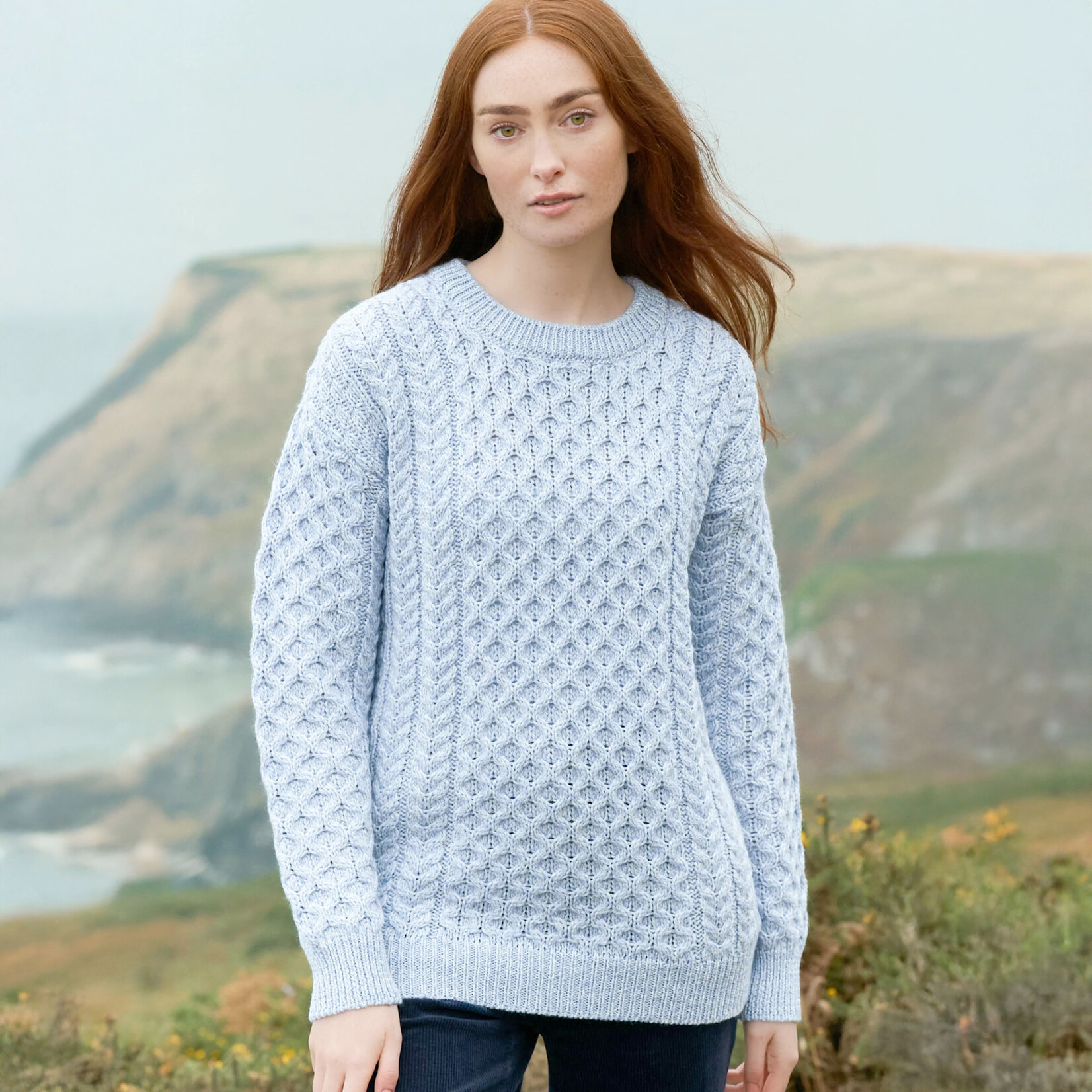 SWEATERS CLEARANCE: UNISEX ARAN IRISH KNIT CREW NECK SWEATER - Ice Blue :FINAL SALE