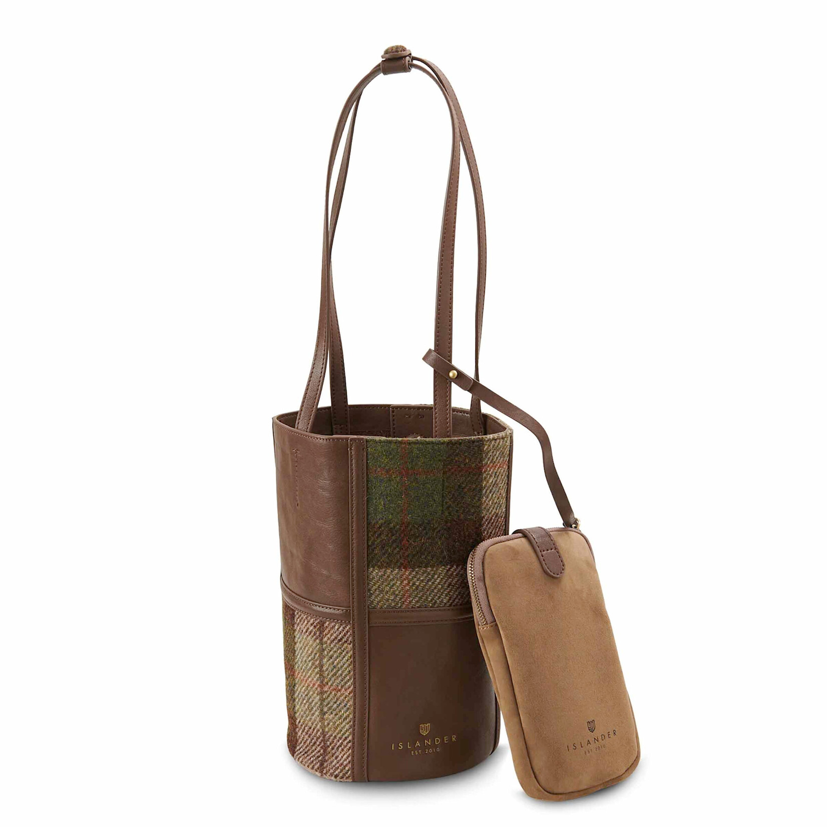ACCESSORIES ISLANDER ORLAGH BUCKET TOTE w HARRIS TWEED Chestnut Tartan