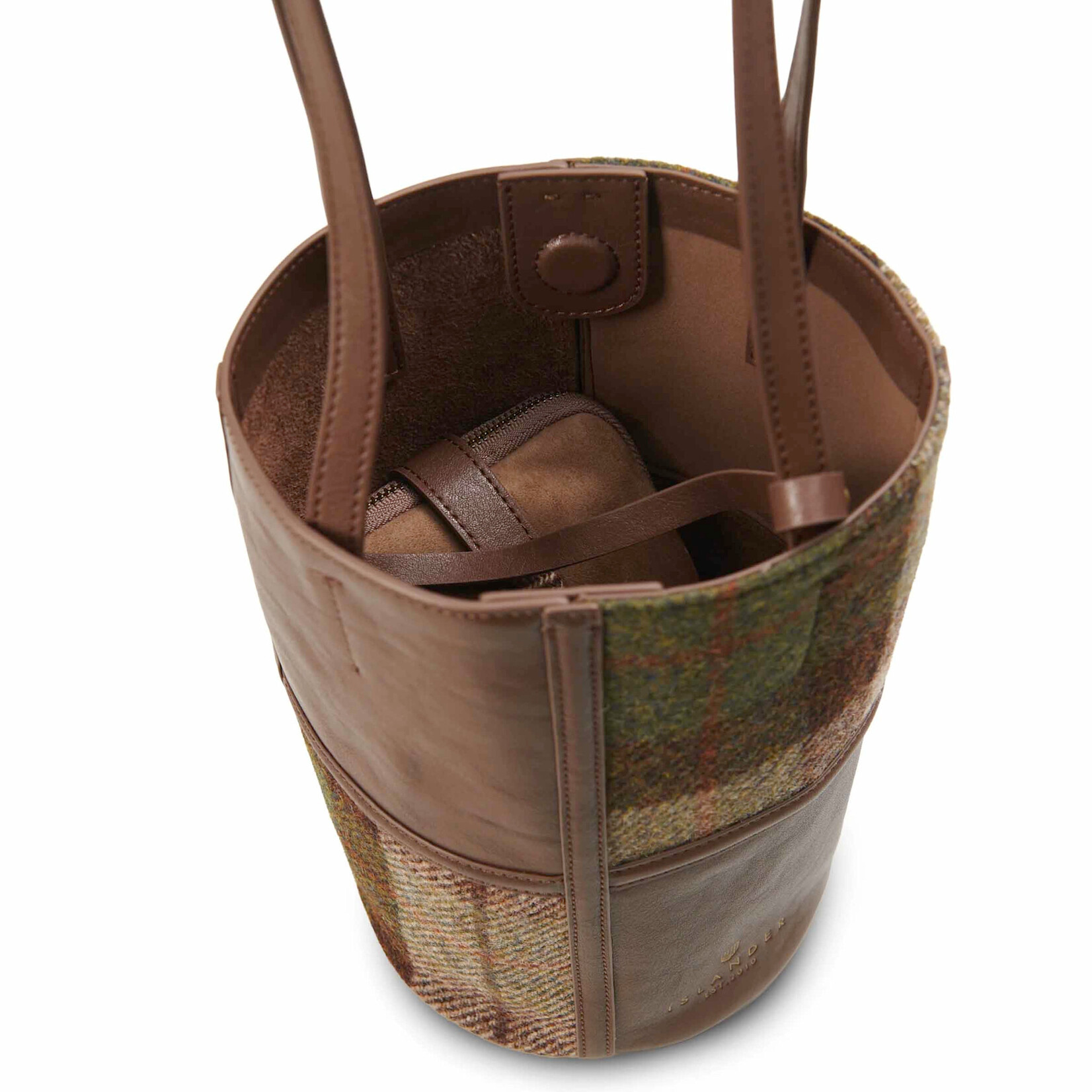 ACCESSORIES ISLANDER ORLAGH BUCKET TOTE w HARRIS TWEED Chestnut Tartan