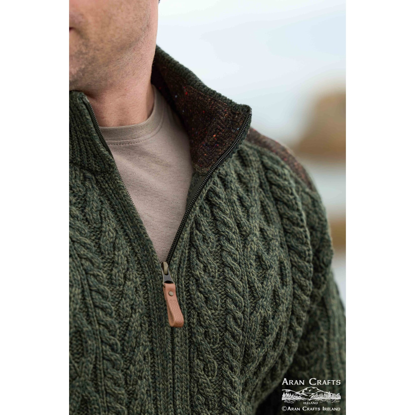 SWEATERS FIONN ZIP CARDIGAN w TWEED - Army Green