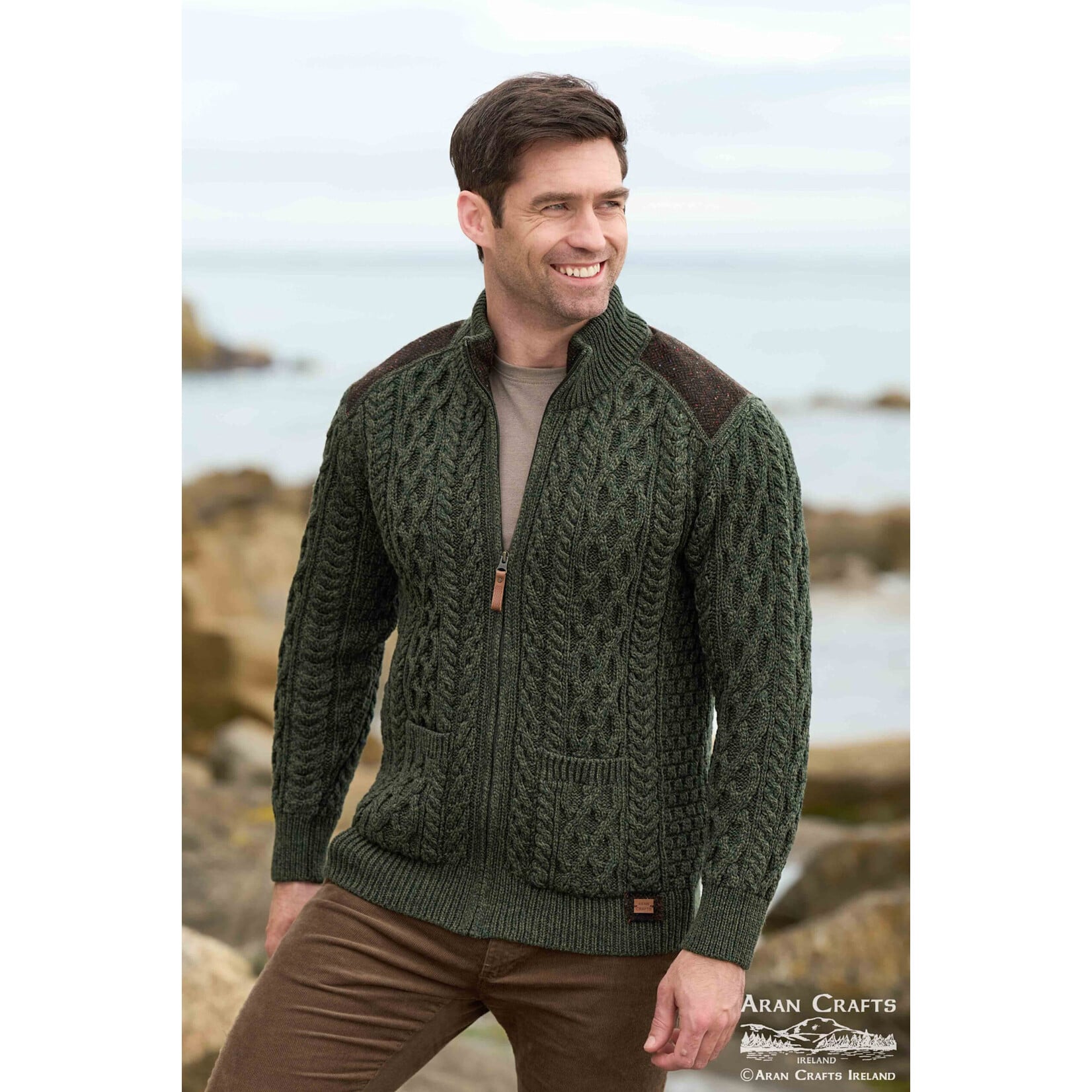 SWEATERS FIONN ZIP CARDIGAN w TWEED - Army Green