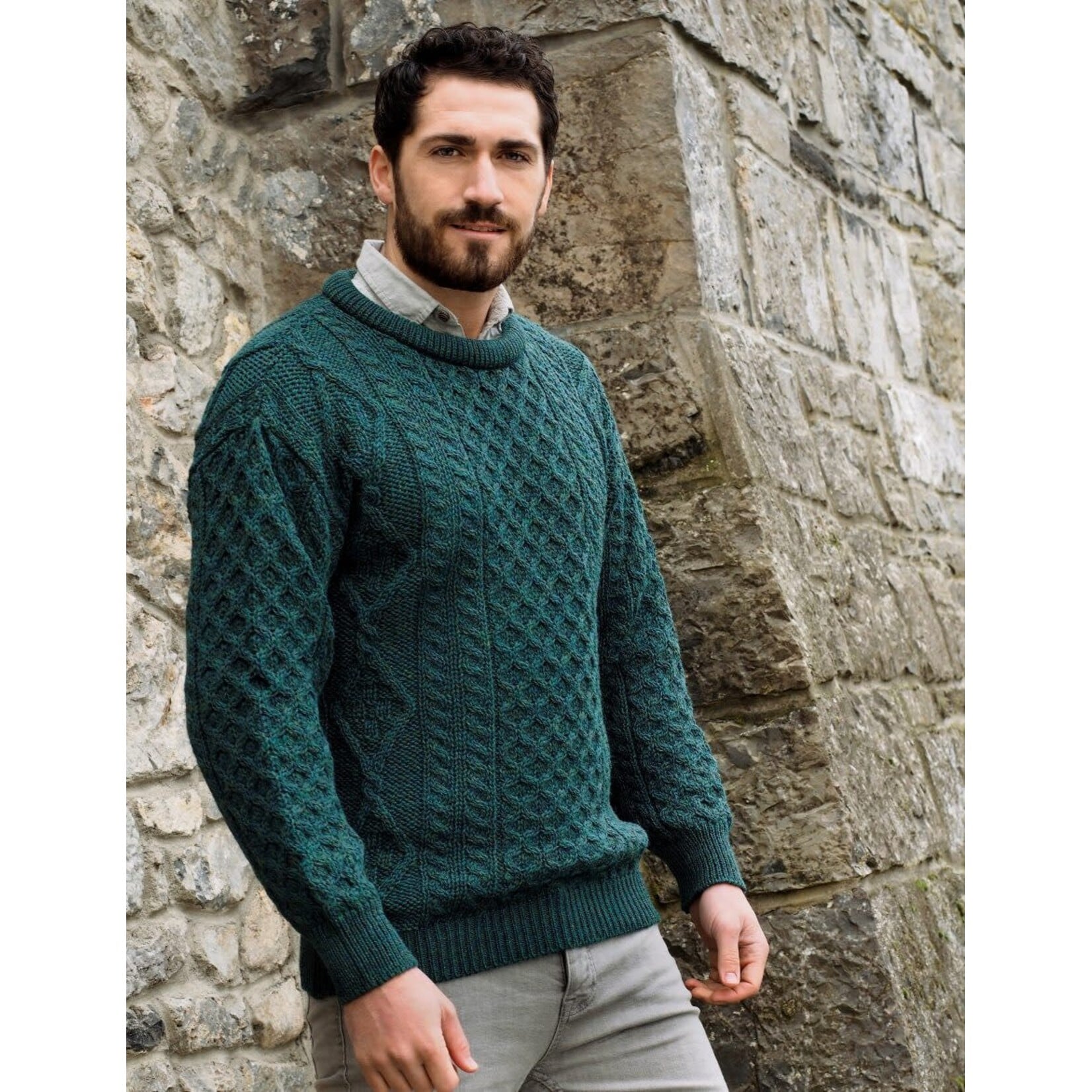 SWEATERS INIS MOR ARAN CREW NECK SWEATER - Moss