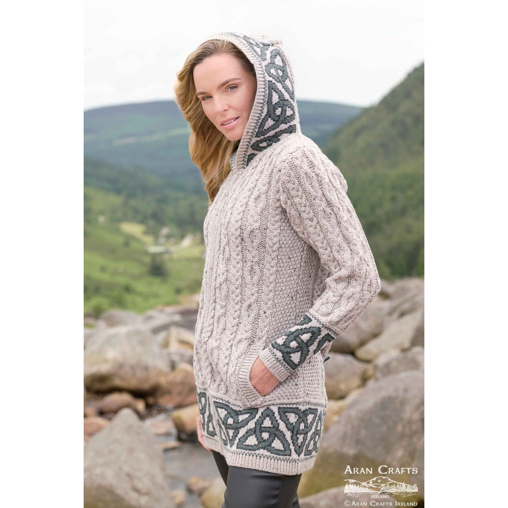 SWEATERS ST. BRIGID CELTIC JACQUARD HOODED COAT - Oatmeal