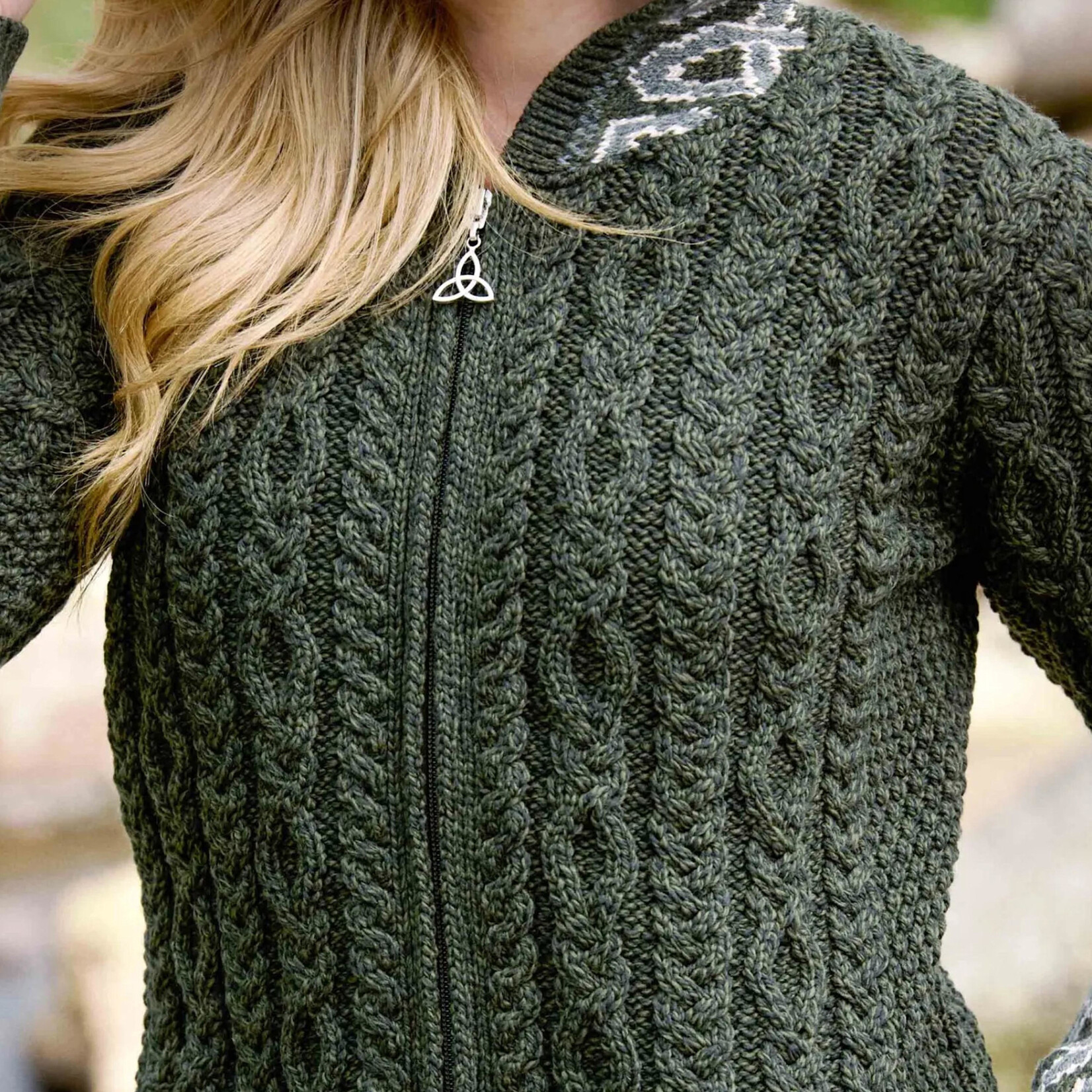 SWEATERS ST. BRIGID CELTIC JACQUARD HOODED COAT - Army Grn