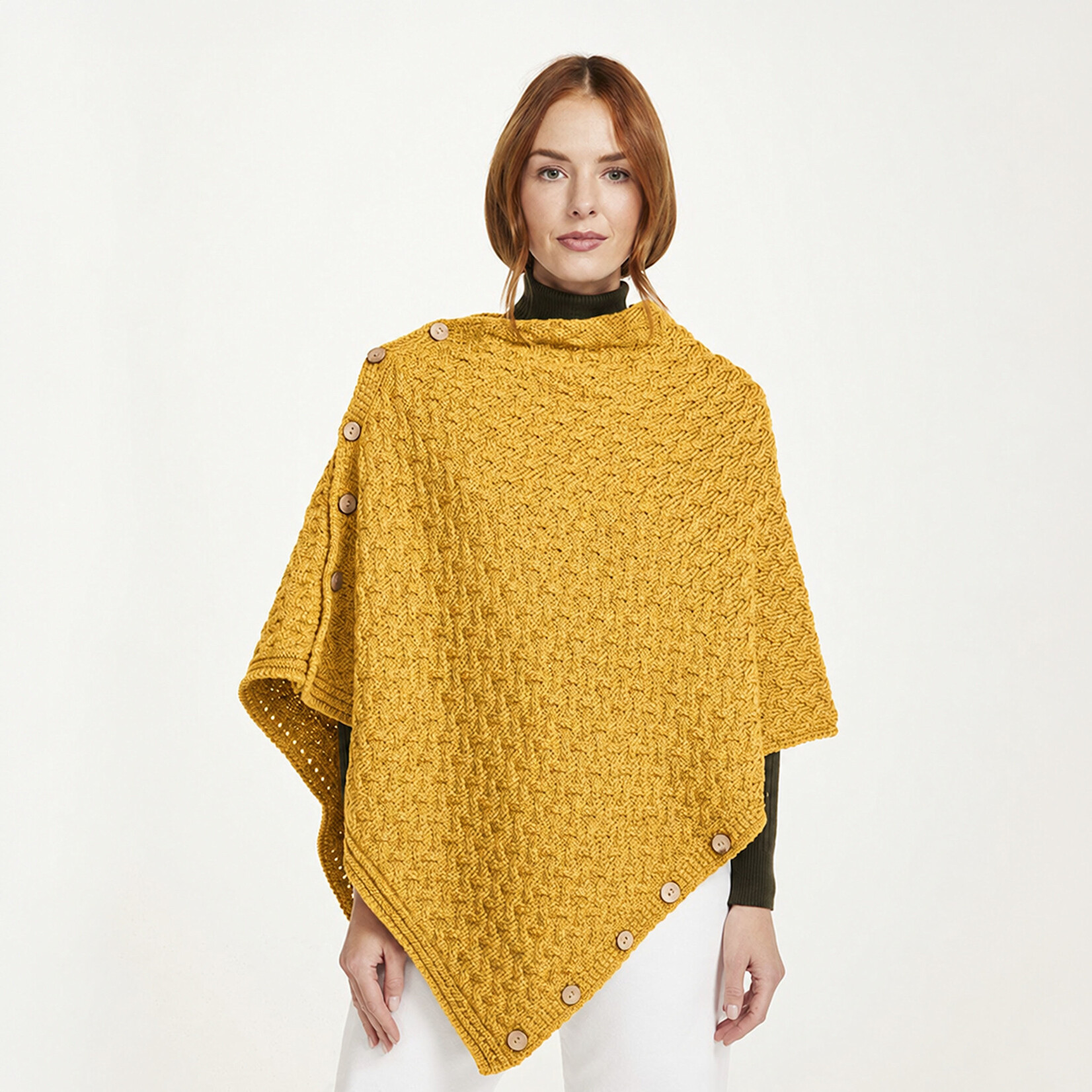 CAPES & RUANAS ARAN KNIT BUTTON PONCHO CAPE - Sunshine