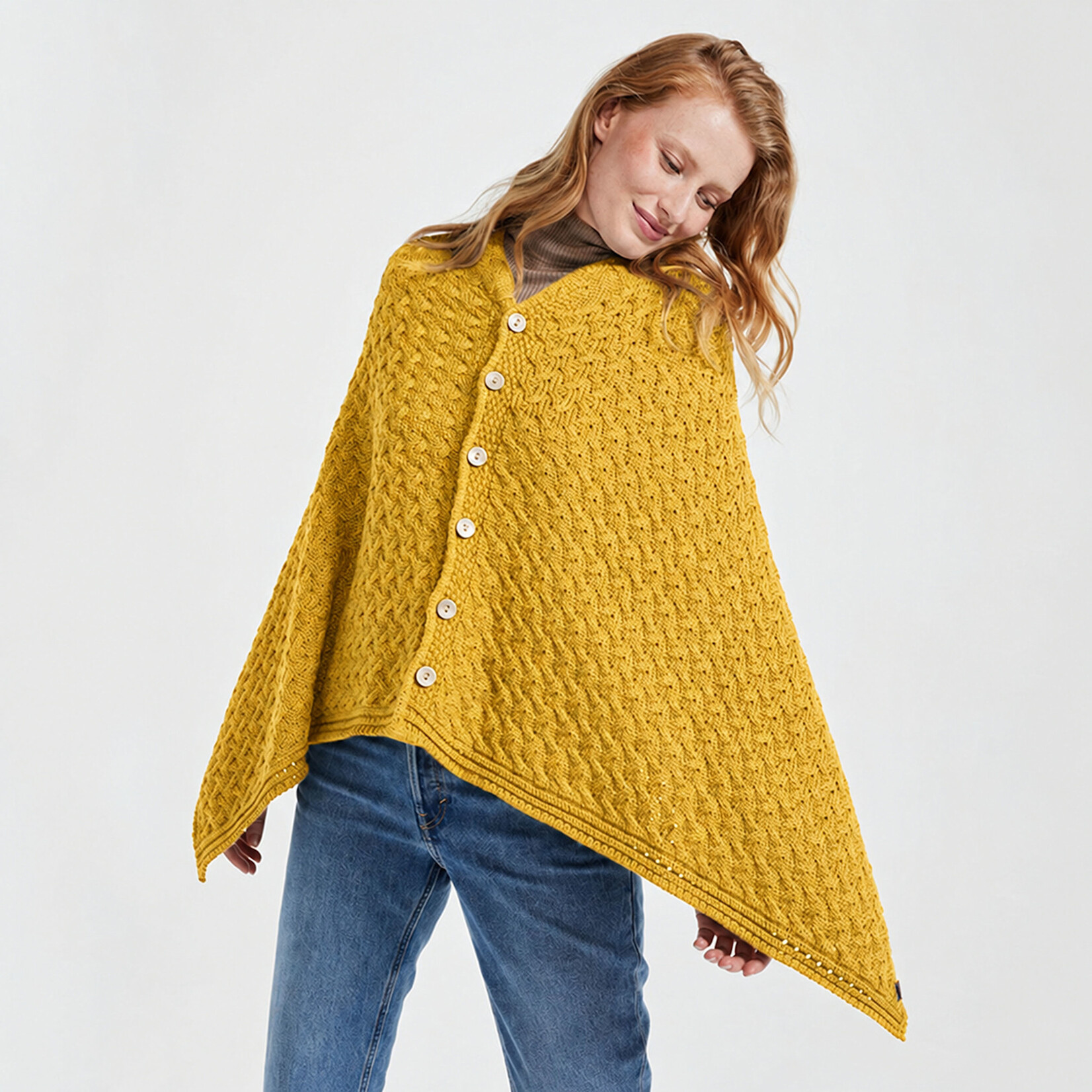 CAPES & RUANAS ARAN KNIT BUTTON PONCHO CAPE - Sunshine