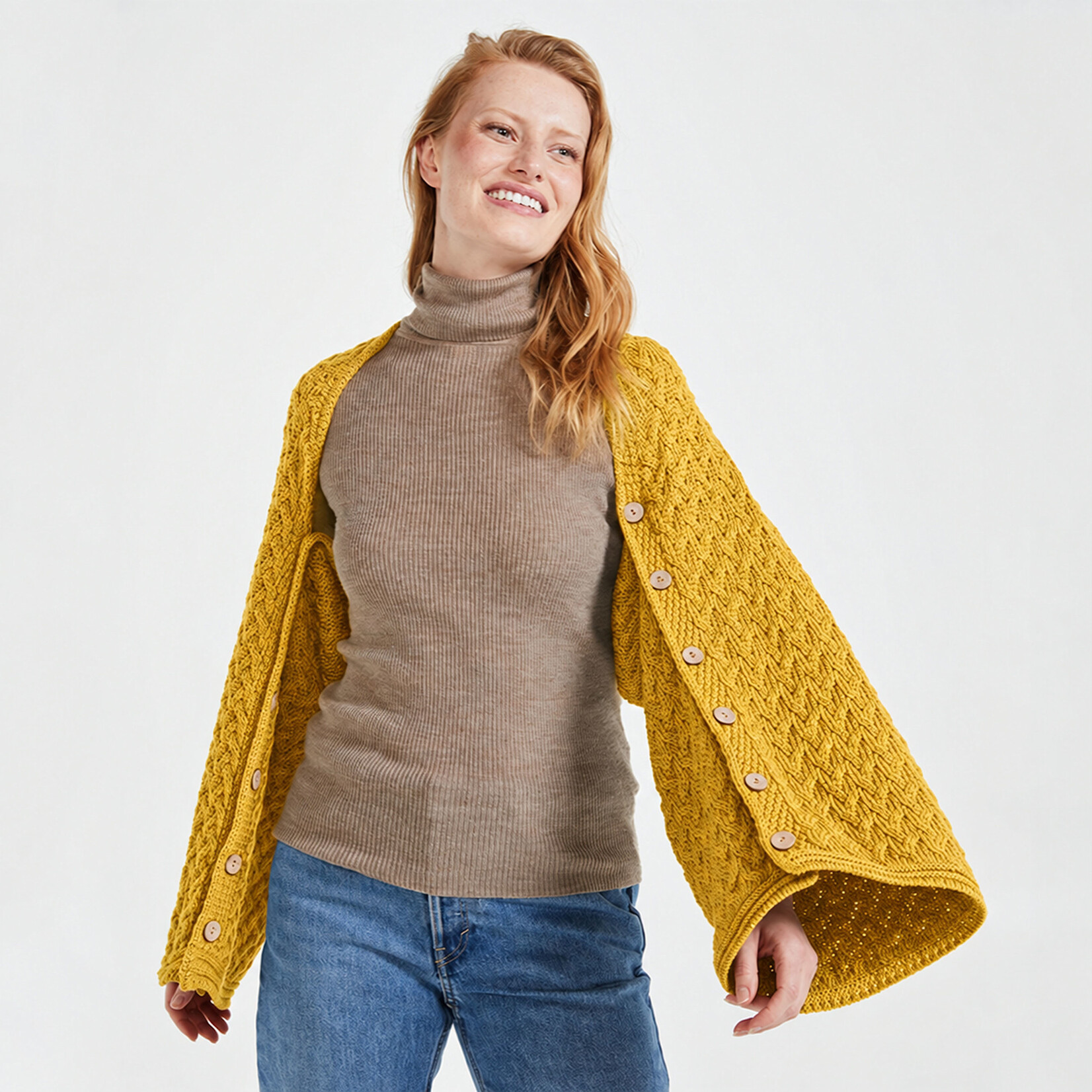 CAPES & RUANAS ARAN KNIT BUTTON PONCHO CAPE - Sunshine