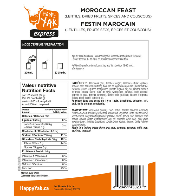 Happy Yak Happy Yak Moroccan Feast (Lentils, Dried Fruits, Spices and Couscous)