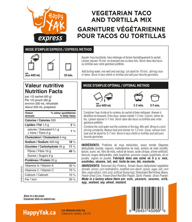 Happy Yak Happy Yak Taco & Tortilla Vegetarian Mix (Vegan, Gluten Free, Lactose Free)