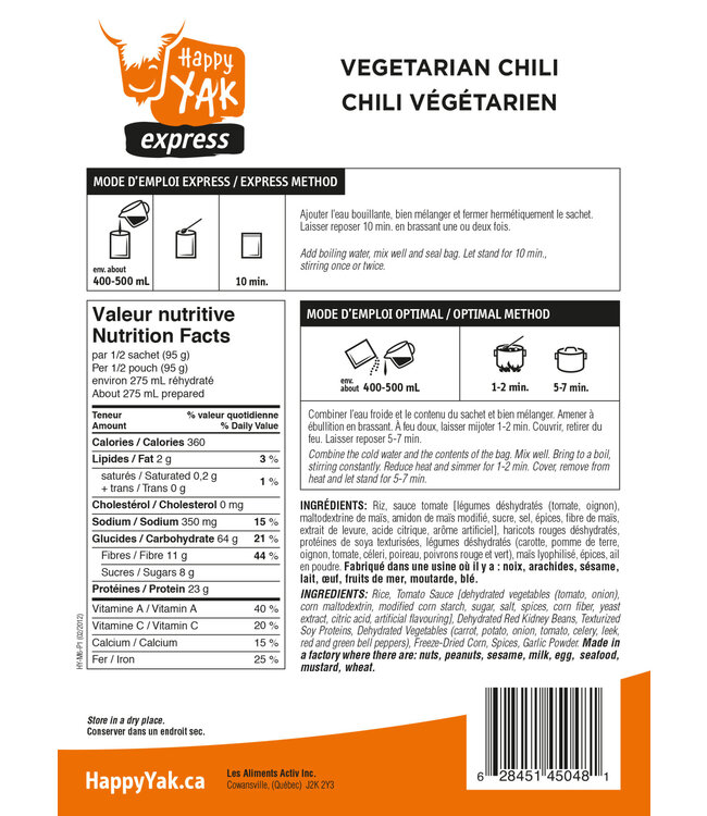Happy Yak Happy Yak Vegetarian Chili (Vegan, Gluten Free, Lactose Free)