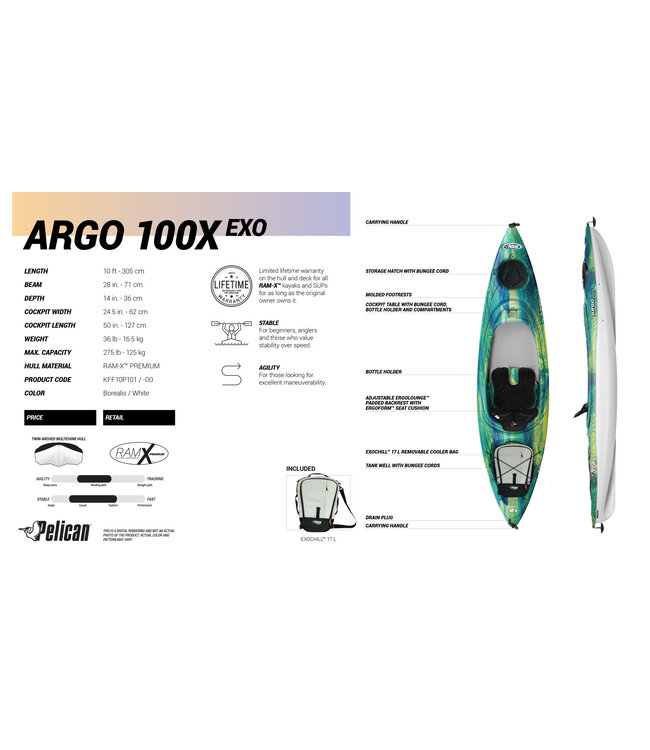 Pelican Pelican Argo 100X EXO Sit-In Kayak   Blue Coral / White / Tin Grey