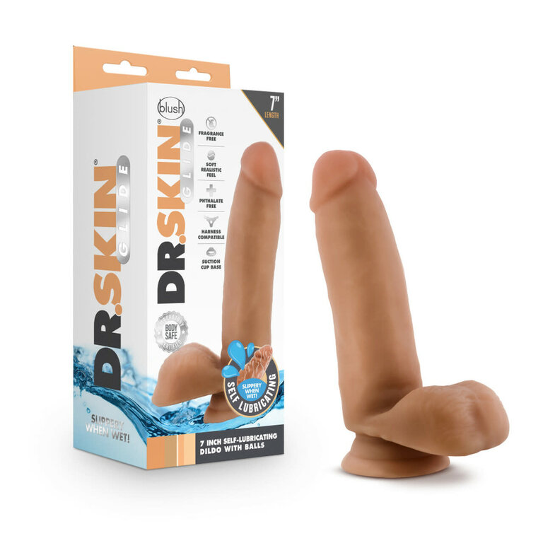 BLUSH NOVELTIES DR. SKIN GLIDE 7IN SELF LUBRICATING DILDO MOCHA