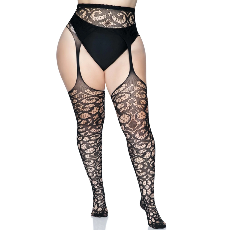 LEG AVENUE SCROLL LACE GARTER BELT STOCKING PLUS SIZE