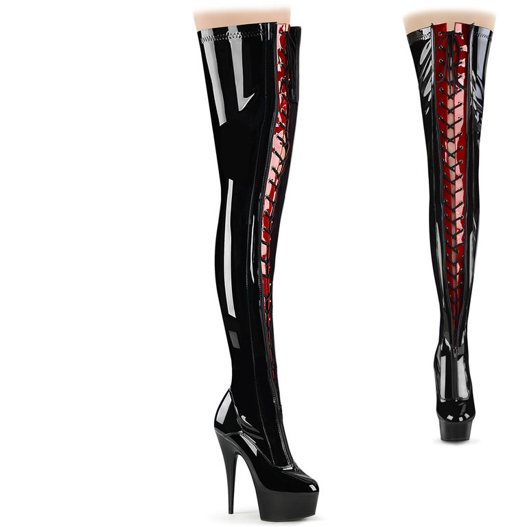 PLEASER SHOES 6" HEEL TWO TONE THIGH HIGH BOOT, FRONT ZIP