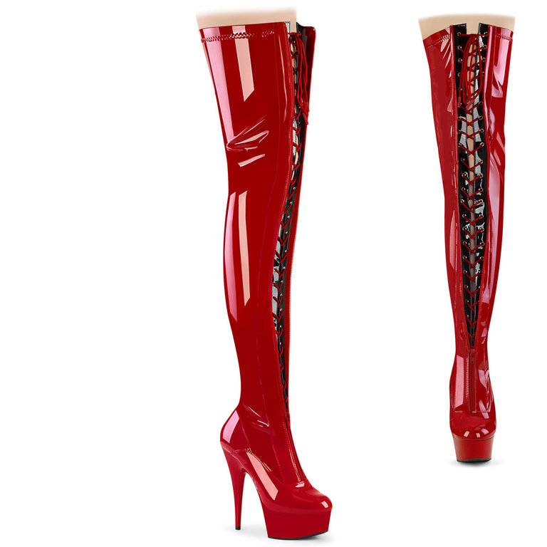 PLEASER SHOES 6" HEEL TWO TONE THIGH HIGH BOOT, FRONT ZIP