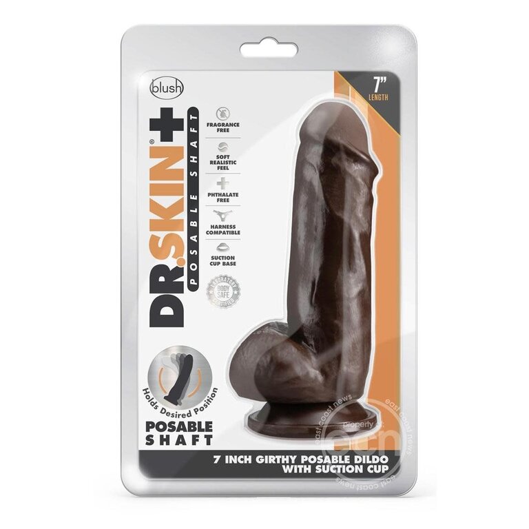 BLUSH NOVELTIES DR. SKIN PLUS GIRTHY POSABLE DILDO W BALLS 7IN - CHOCO