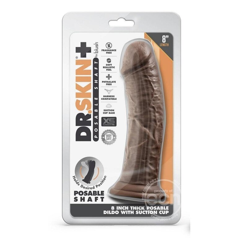 BLUSH NOVELTIES DR. SKIN PLUS THICK POSABLE DILDO W/ CUP 8IN - CHOCO