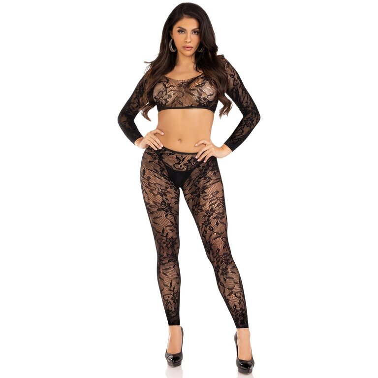 LEG AVENUE 2PC SEAMLESS LACE CROP TOP & FOOTLESS TIGHTS