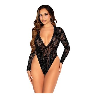 LEG AVENUE RHINESTONE LACE DEEP V BODYSUIT BLK -