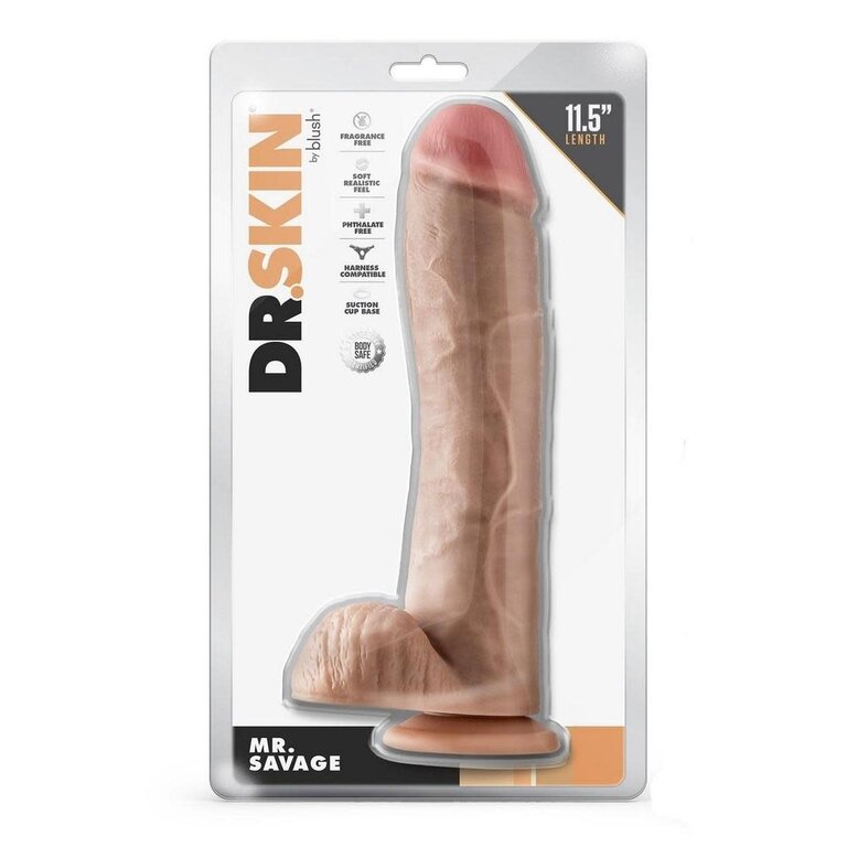 BLUSH NOVELTIES DR. SKIN MR. SAVAGE DILDO W/ BALLS AND CUP 11.5" VNL