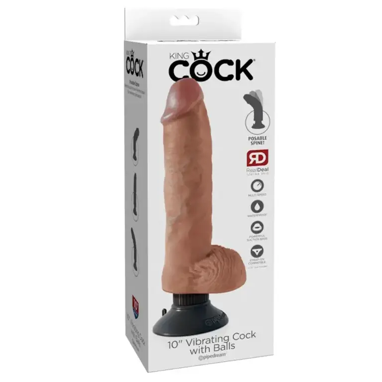 PIPEDREAM KING COCK 10” VIBE COCK WITH BALLS TAN