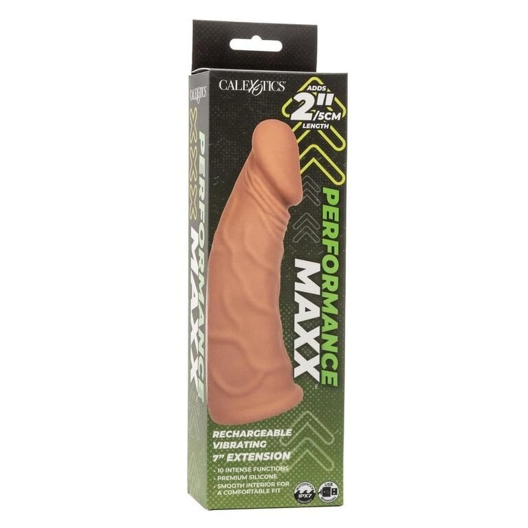 CALIFORNIA EXOTIC PERFORMANCE MAXX RECHARGEABLE VIBRATING EXTENSION 7" - BROWN