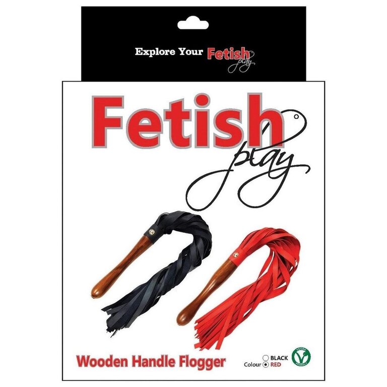 ROUGE Fetish Play Wooden Handle Flogger Vegan Leather - Red
