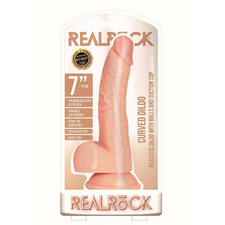 SHOTS AMERICA RealRock Curved Realistic Dildo with Balls and Suction Cup 7in - Vanilla
