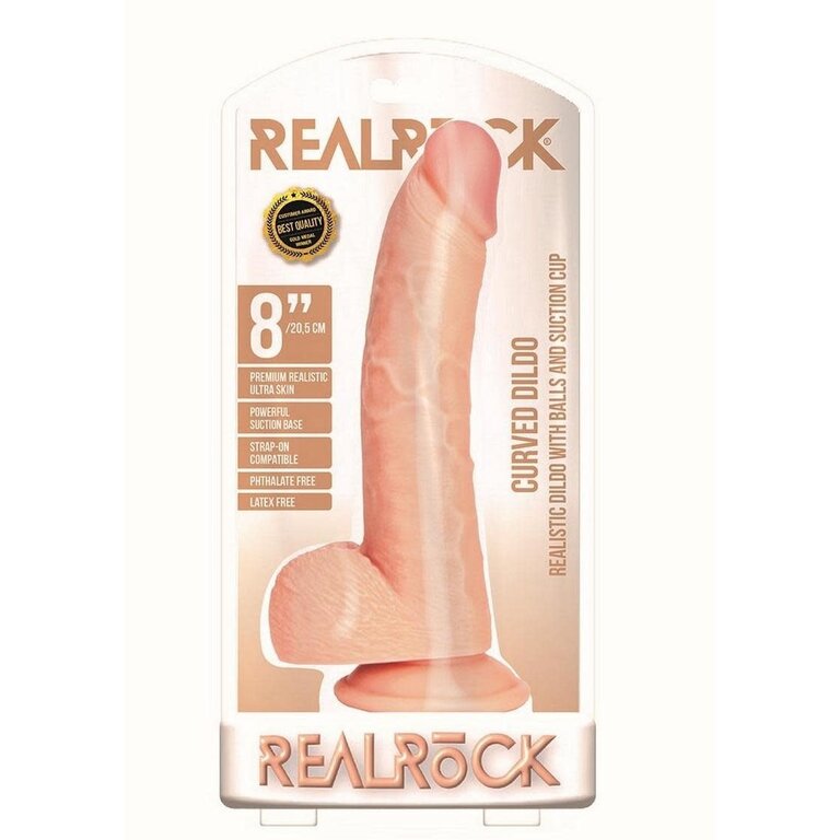 SHOTS AMERICA RealRock Curved Realistic Dildo with Balls and Suction Cup 8in - Vanilla