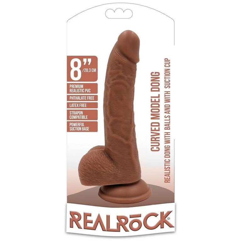 SHOTS AMERICA RealRock Curved Realistic Dildo with Balls and Suction Cup 8in - Caramel
