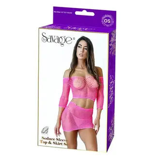 BE SAVAGE SEDUCE LONG SLEEVE TOP & SKIRT SET - NEON PINK