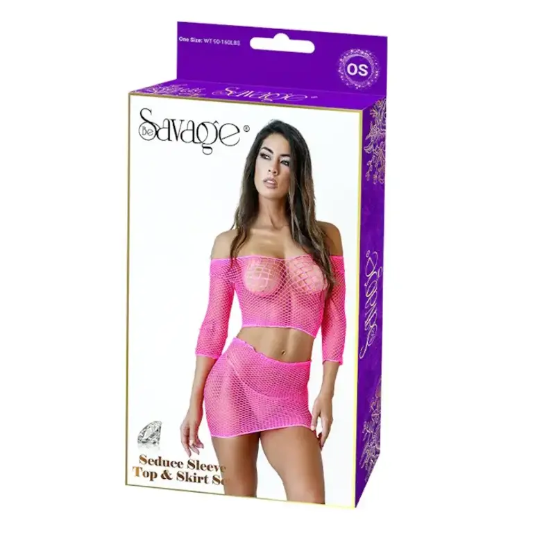 BE SAVAGE SEDUCE LONG SLEEVE TOP & SKIRT SET - NEON PINK