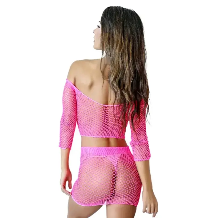 BE SAVAGE SEDUCE LONG SLEEVE TOP & SKIRT SET - NEON PINK
